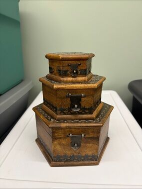Rustic Hexagonal Stacking Wood Boxes - Set of 3